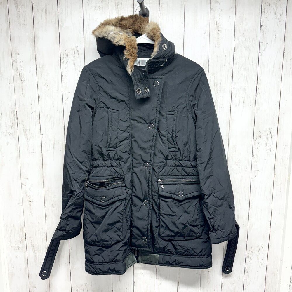 THEORY Jacket Women‎ Size P/ Small Black Full Zip Hooded Double Pocket Black Fur